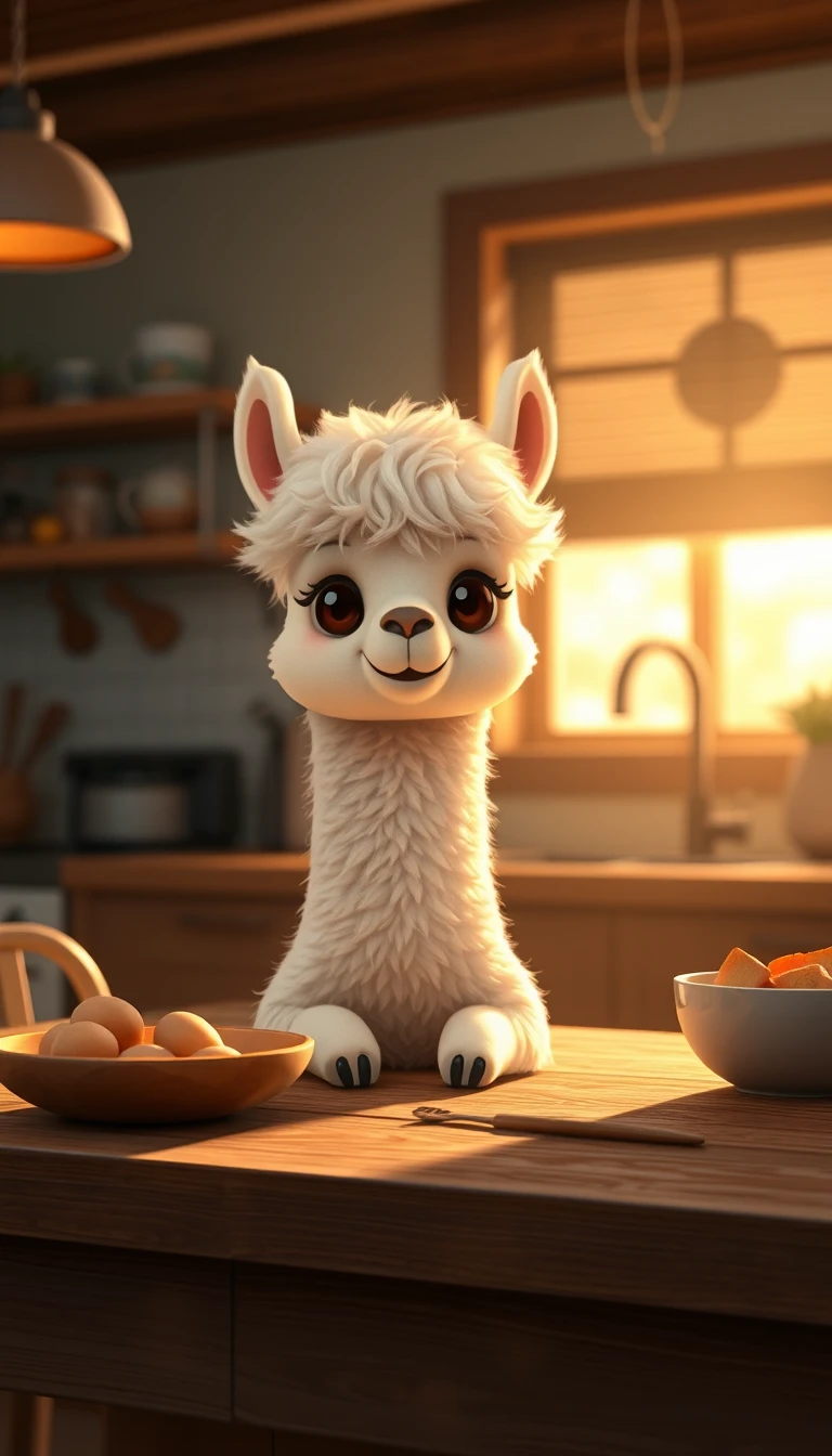Adorável personagem de lhama-alpaca sobre uma mesa de cozinha em luz quente