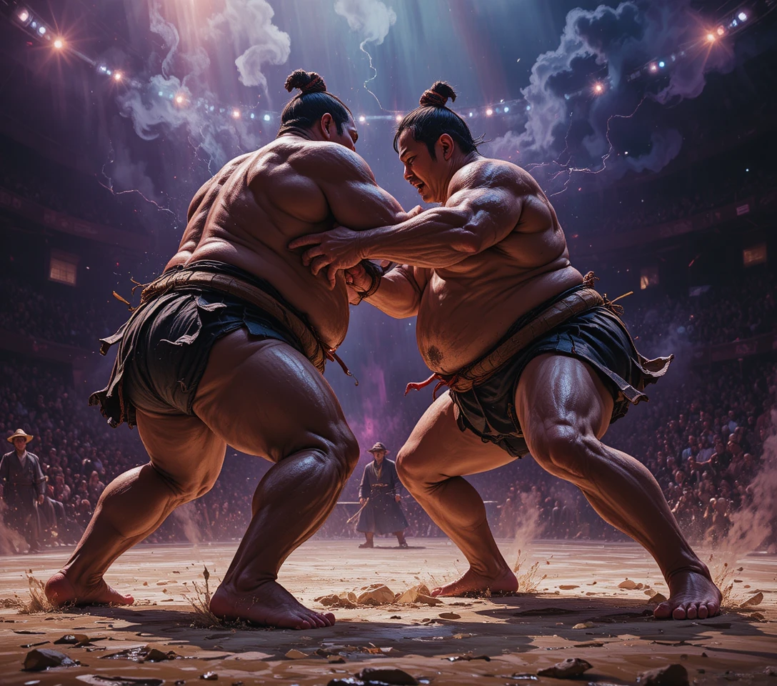 Due lottatori di sumo si scontrano in un potente scatto in arena dal basso