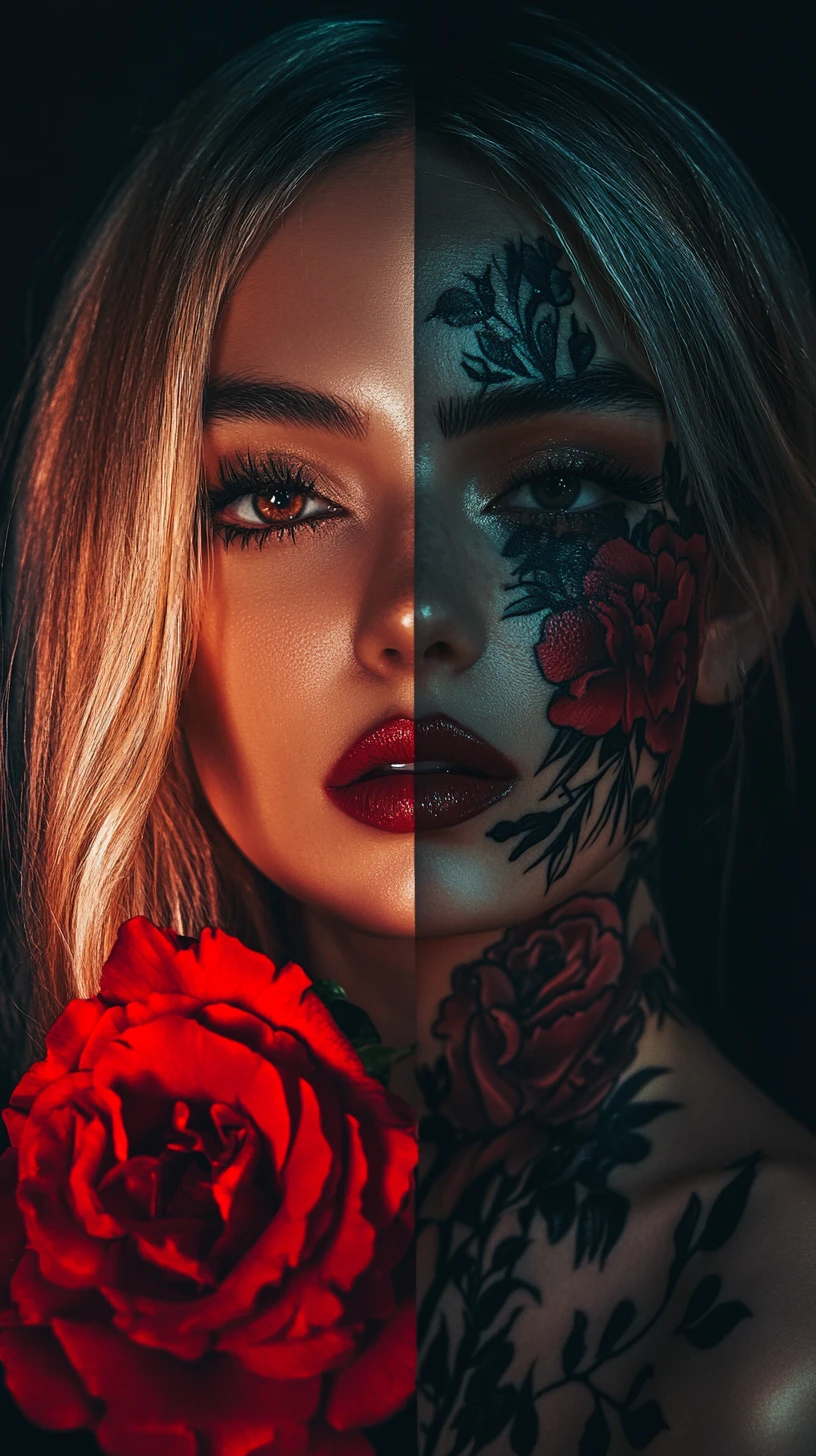 Surreal split portrait of a woman with floral and ink designs