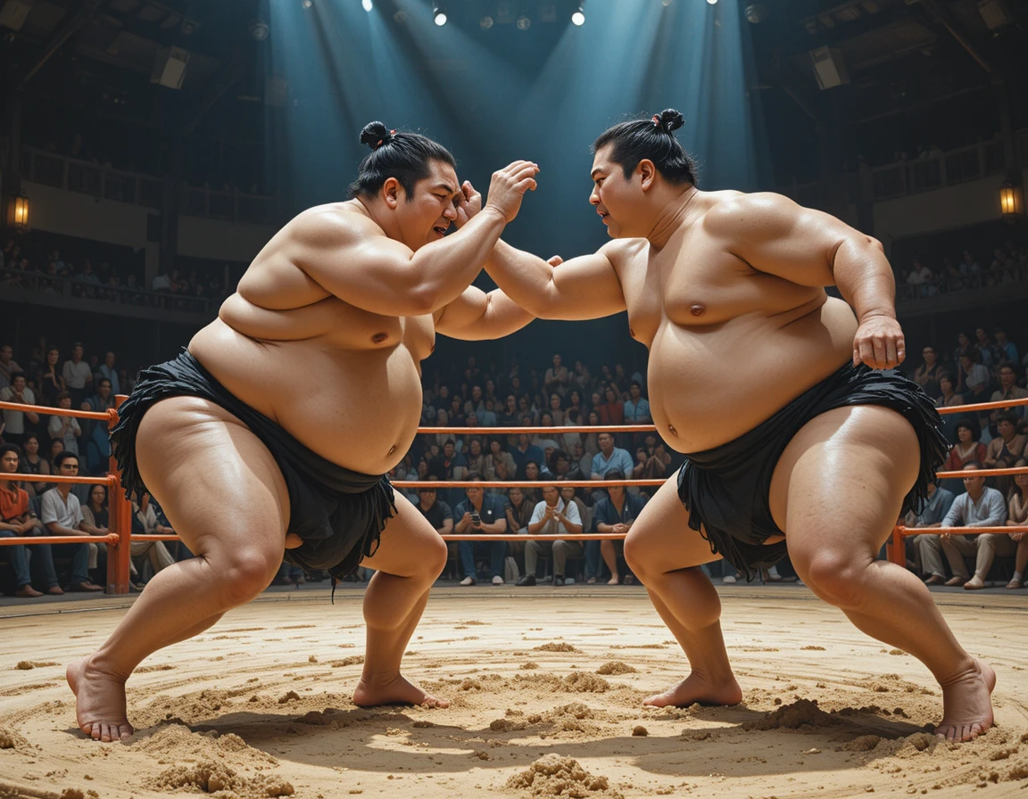 Due lottatori di sumo si scontrano in un ring tradizionale