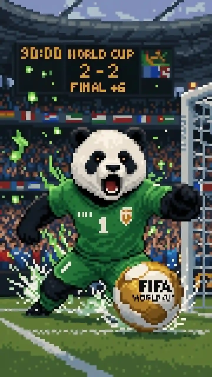 Pixelated panda goalkeeper diving to save world cup ball