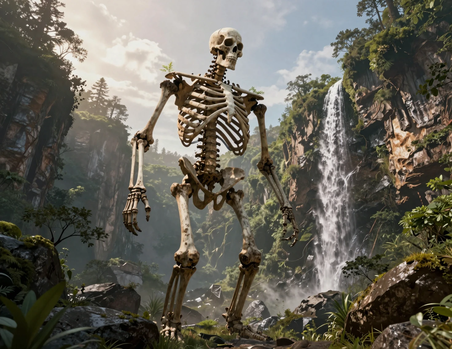 Esqueleto colossal de titã atravessando um vale montanhoso arborizado