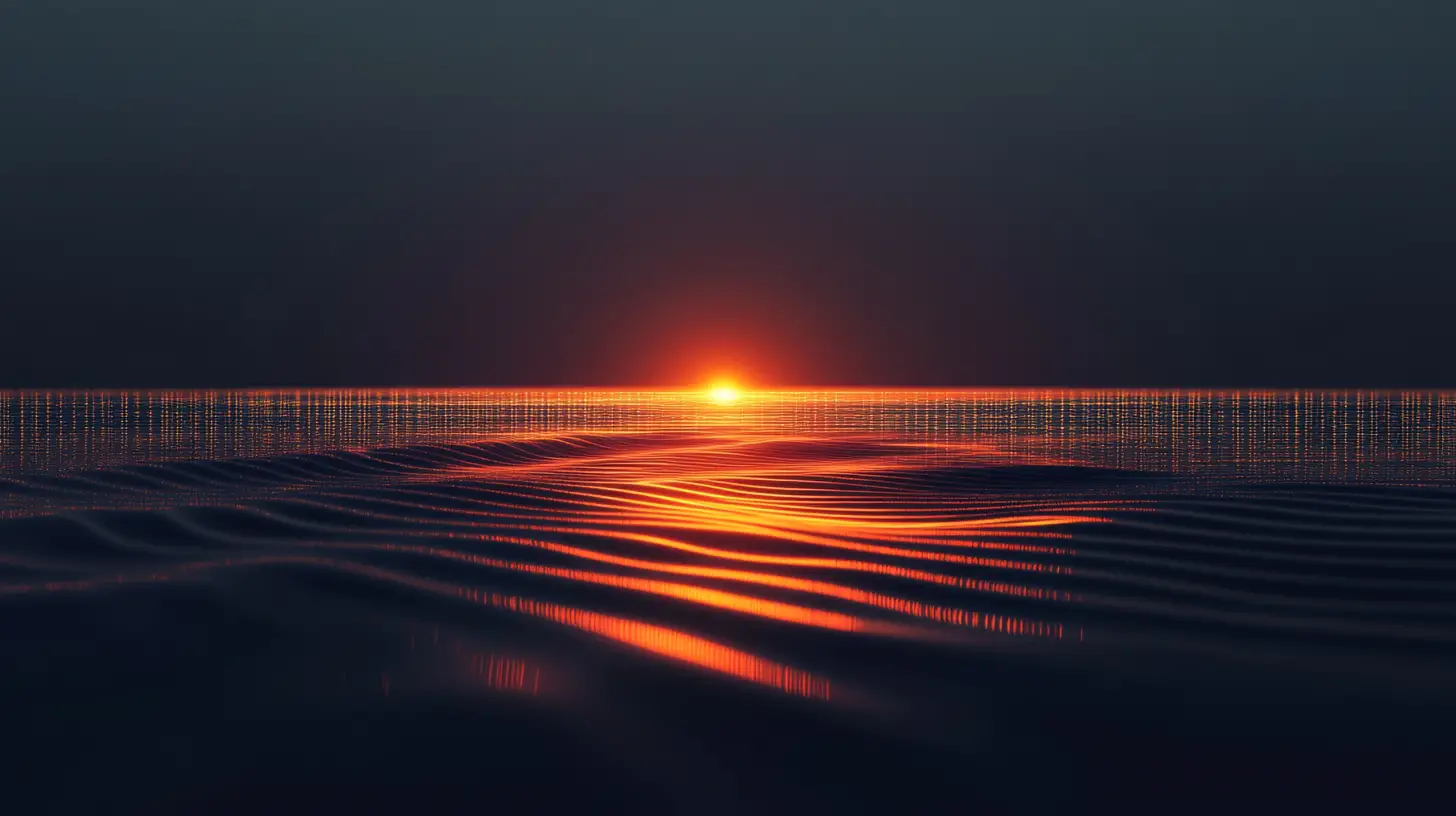 Expanding orange pulse over dark reflective digital surface