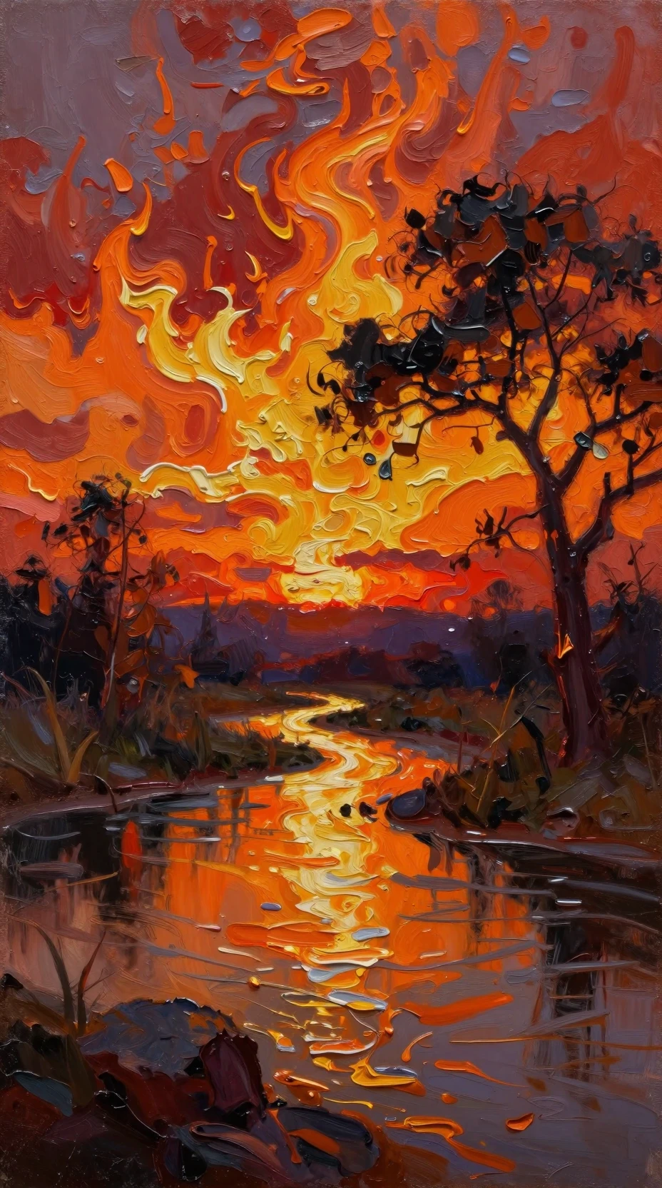 Feuriger Impasto-Sonnenuntergangshimmel, der sich in einem Fluss spiegelt