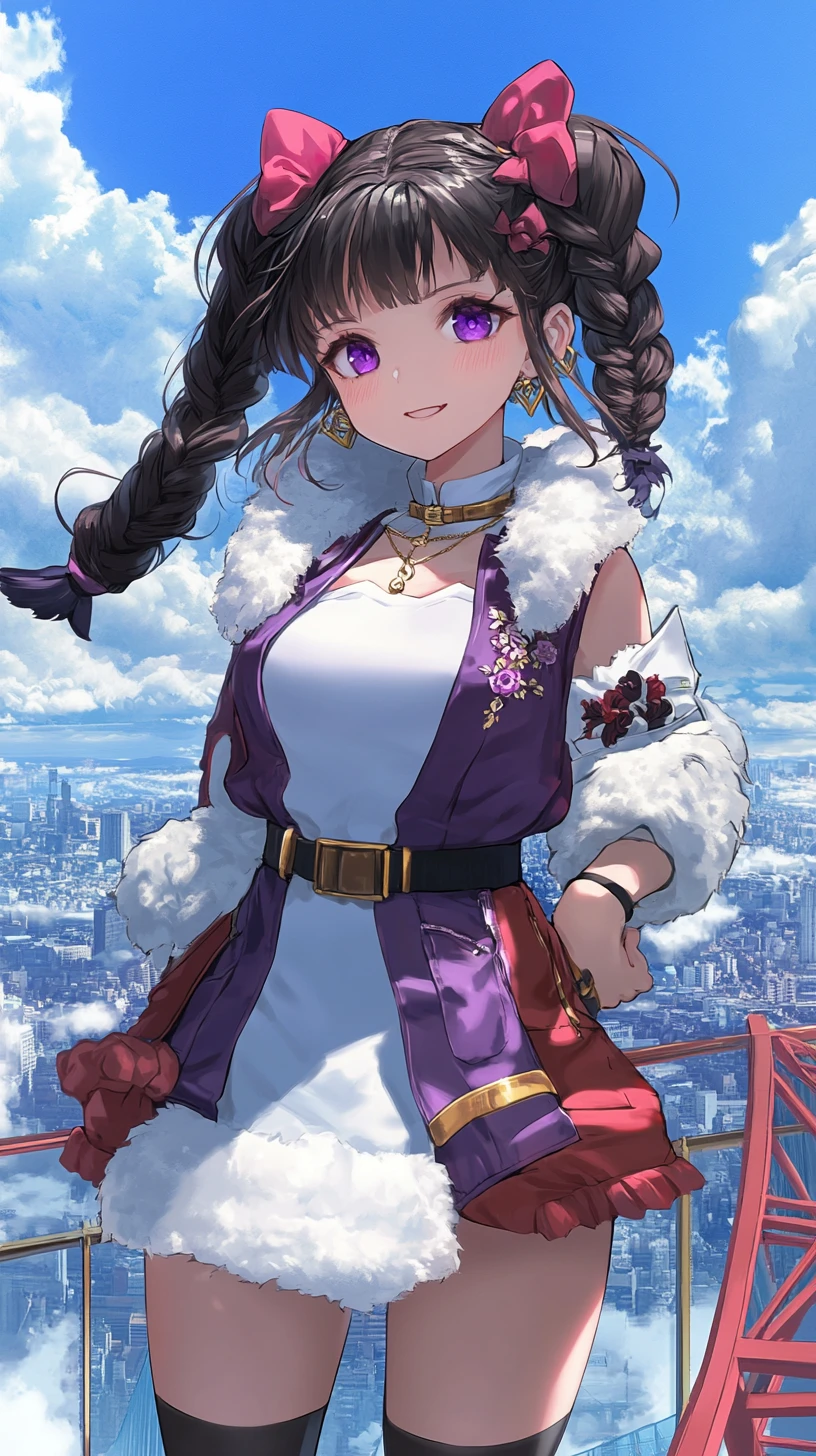 Garota de anime com vestido de inverno florido em parque na cobertura