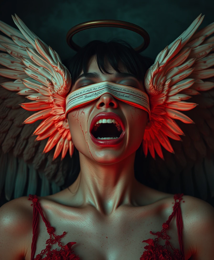 Anjo caído surreal em uma cena sombria de horror cômico