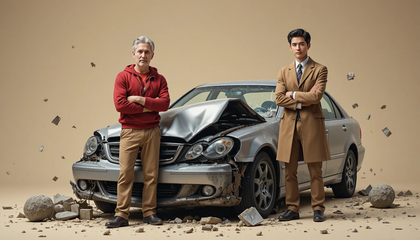 Dois homens ao lado de um carro prateado destruído em luz suave