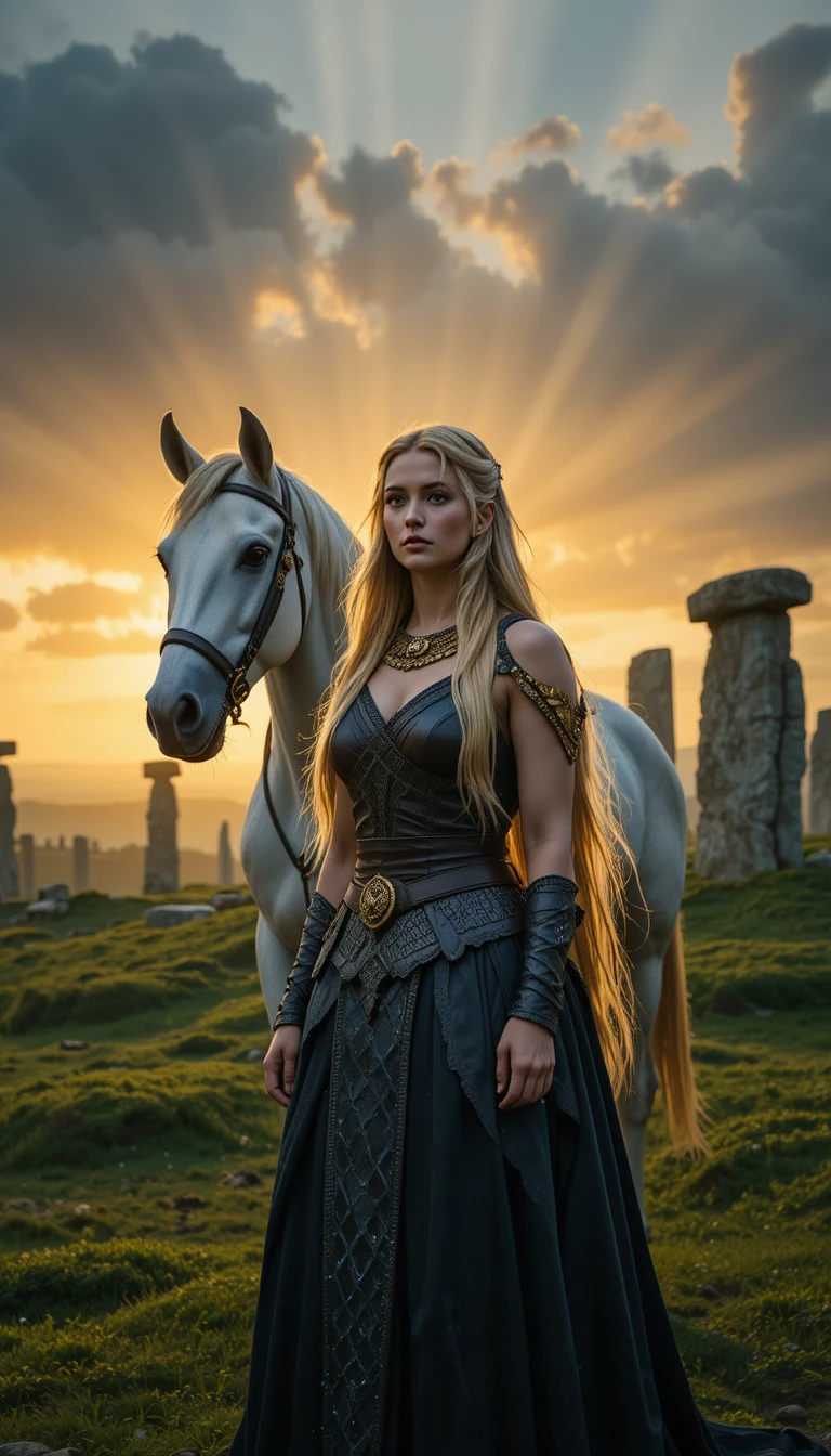 Regina celtica con cavallo bianco sotto un tempestoso tramonto dorato