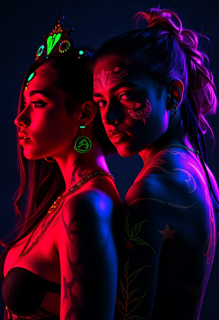Casal latino em retrato digital de fantasia com neon em contraluz