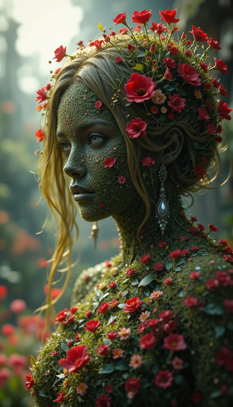 Mulher de grama e flores vermelhas em fantasia sombria, visão de corpo inteiro