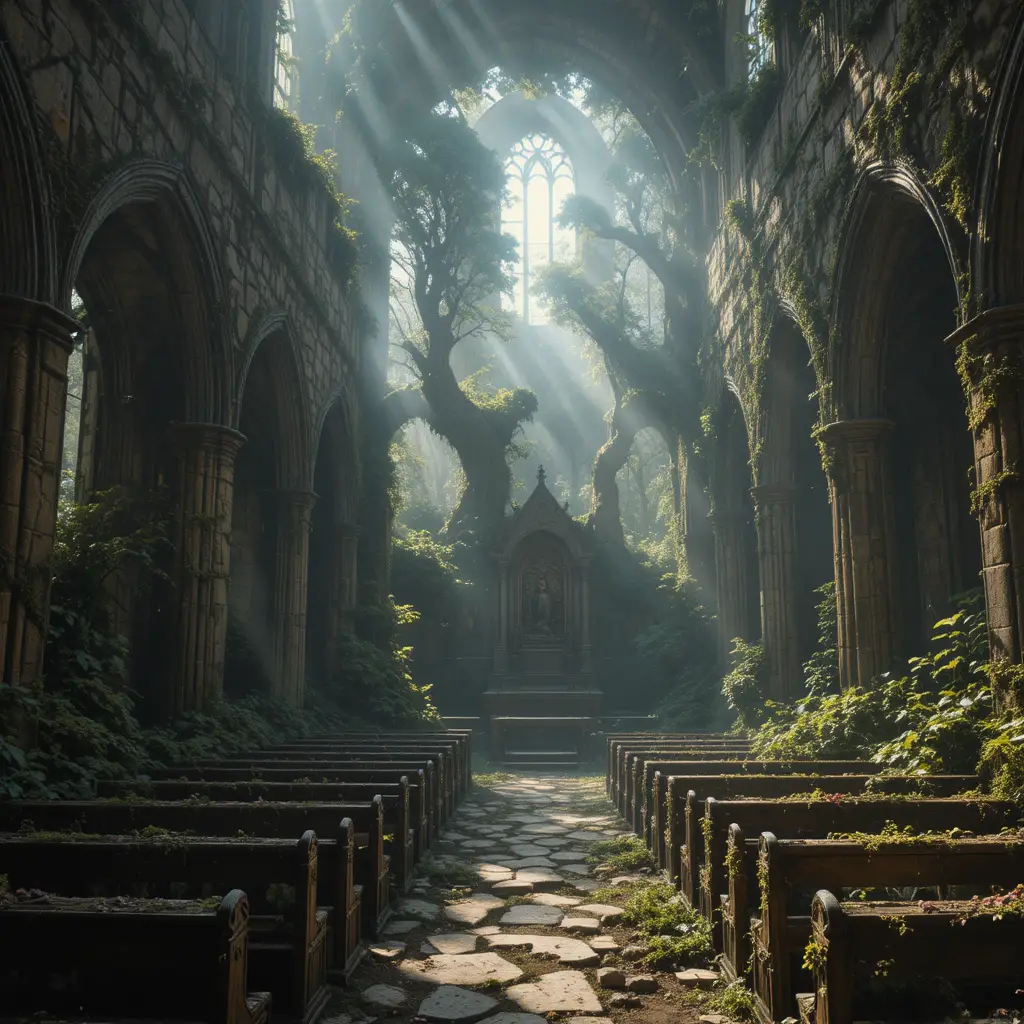 Ancient Roofless Church Ruin Shrouded In Silver Mist
