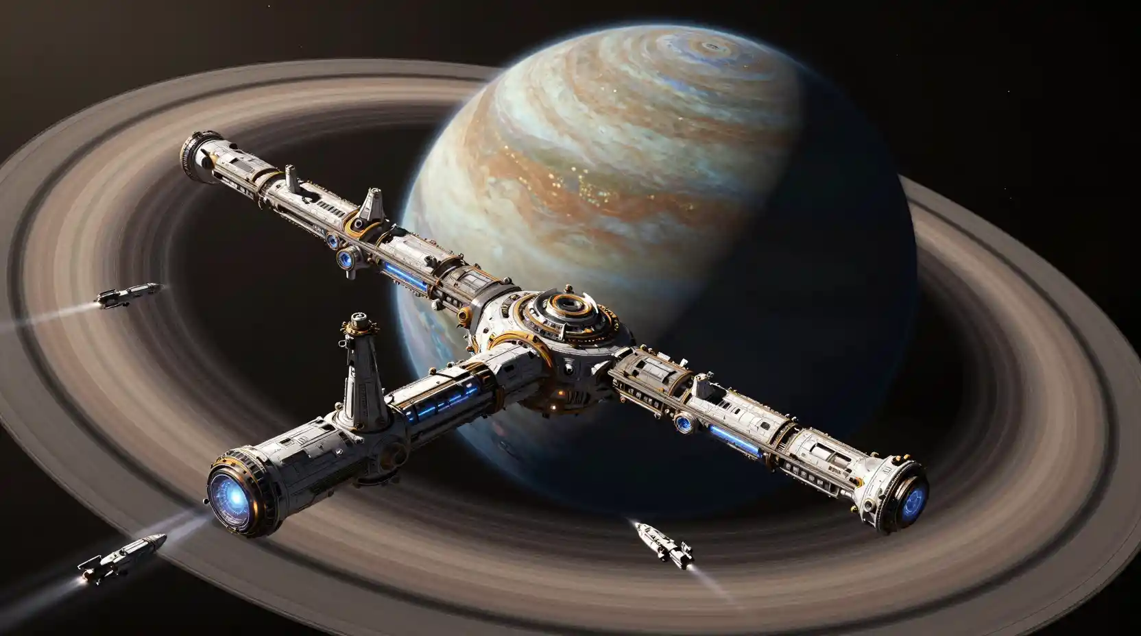 Vast ring shaped space station above a majestic gas giant
