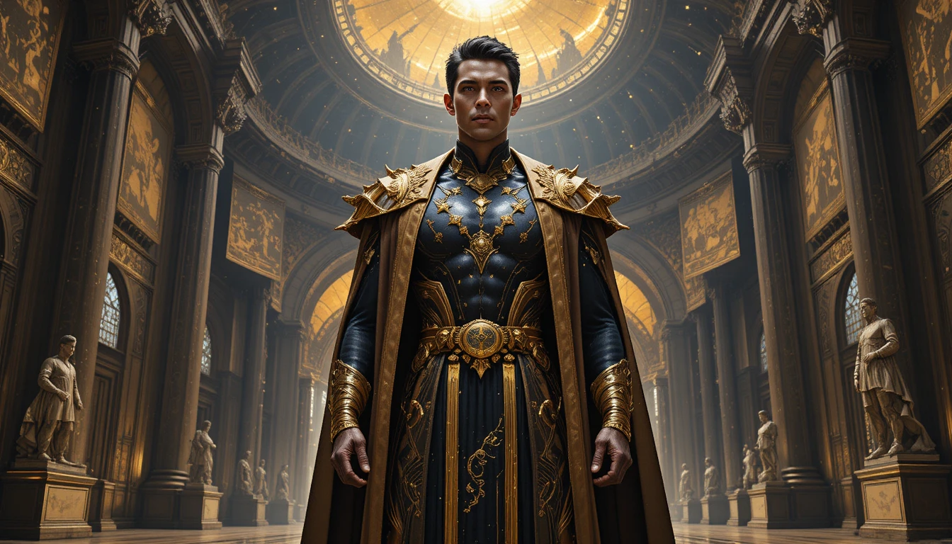 Legendärer Gelehrter und Stratege in einer prachtvollen goldenen Fantasiehalle