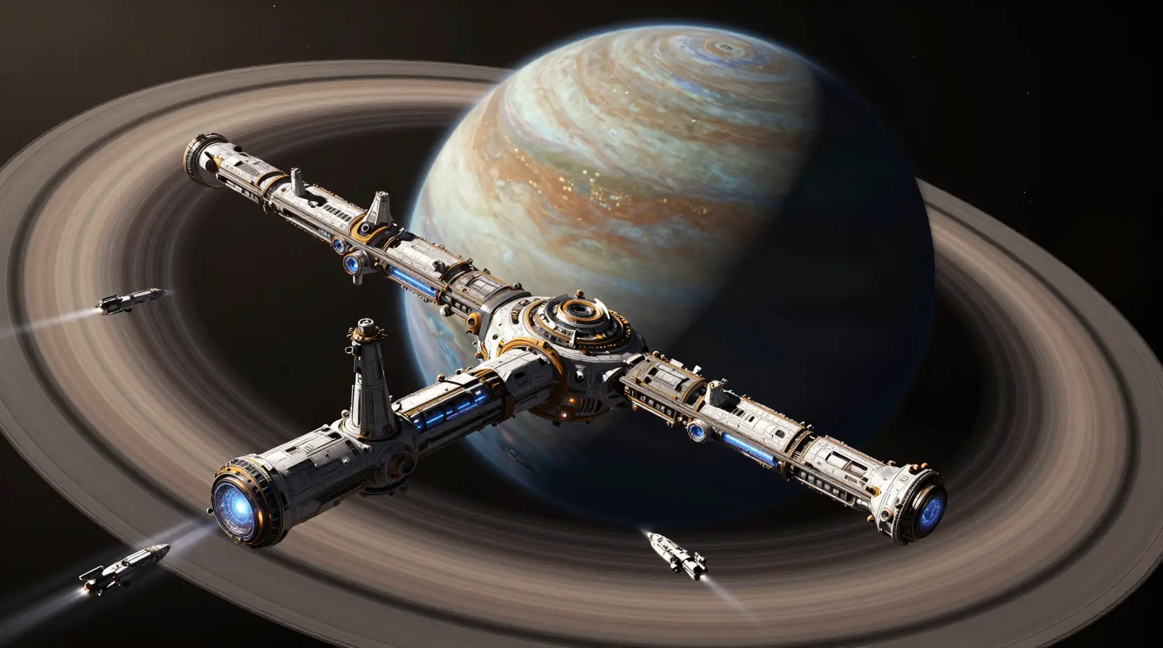 Vaste station spatiale en forme d’anneau au-dessus d’un majestueux géant gazeux