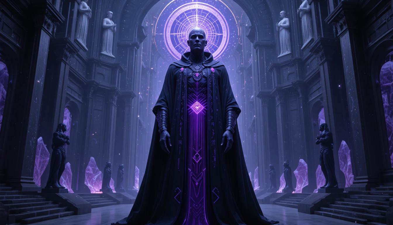 Erhabener Philosoph in einem violetten kosmischen Heiligtum