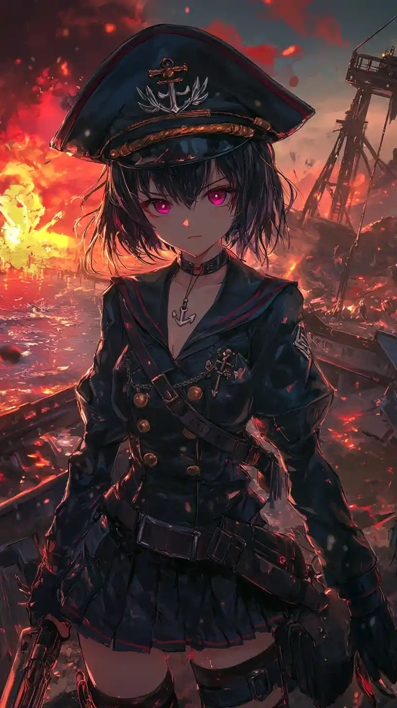 Anime girl warrior with sword and rifle in war zone