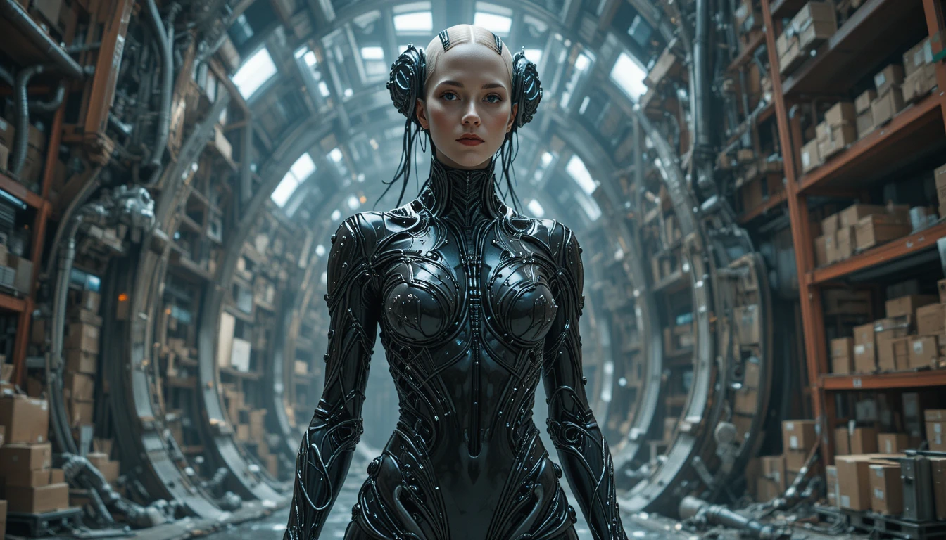Elegant biomechanical woman in a vast sci fi logistics hub