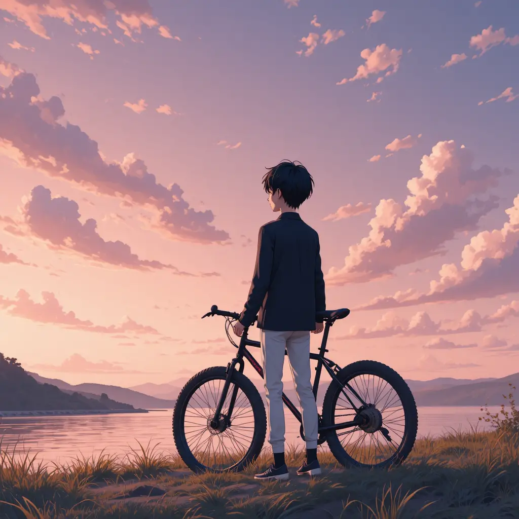 粉色河畔夕空上的騎車少年動畫風