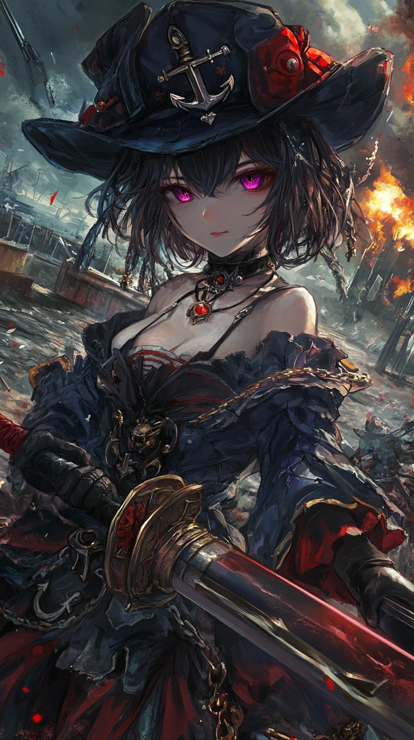 Guerreira anime com espada e rifle em ruínas