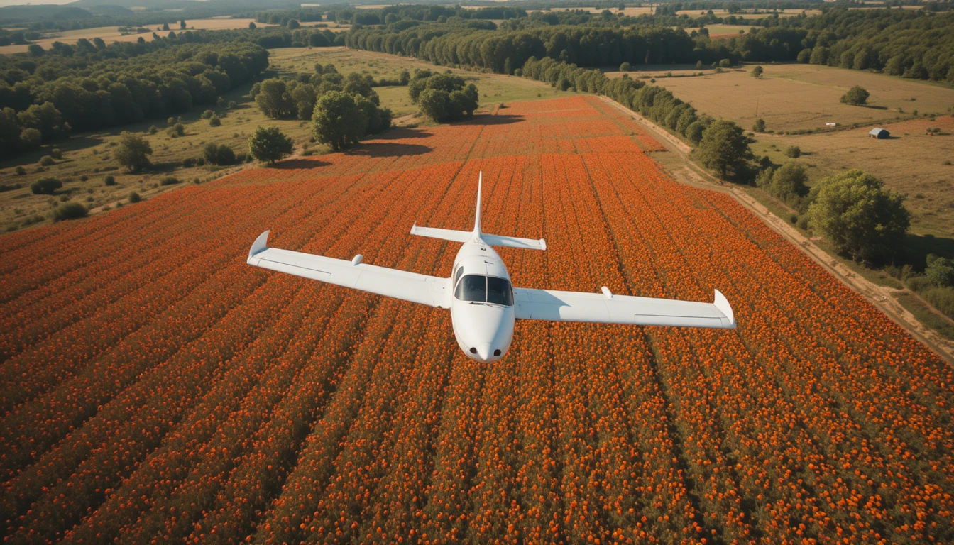 Piccolo aereo che sorvola un vivace campo di papaveri