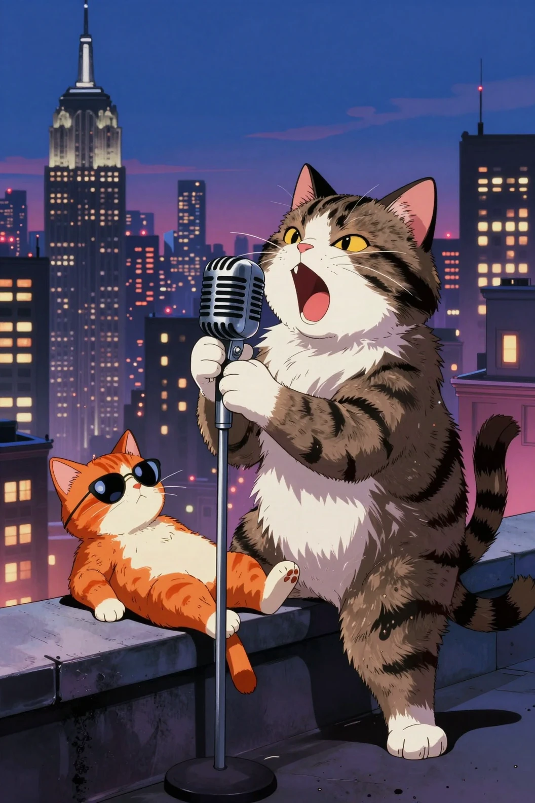 Gato atigrado y esponjoso cantando a un micrófono vintage en una azotea