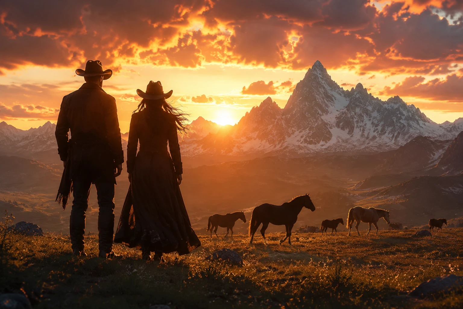Silhouette di cowboy e cowgirl al tramonto con cavalli al pascolo