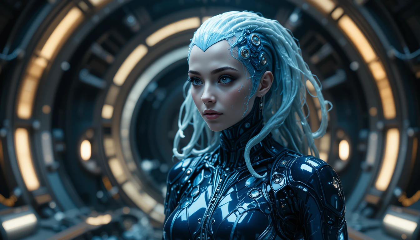 Donna sci‑fi in tuta di lattice in un osservatorio dello spazio profondo