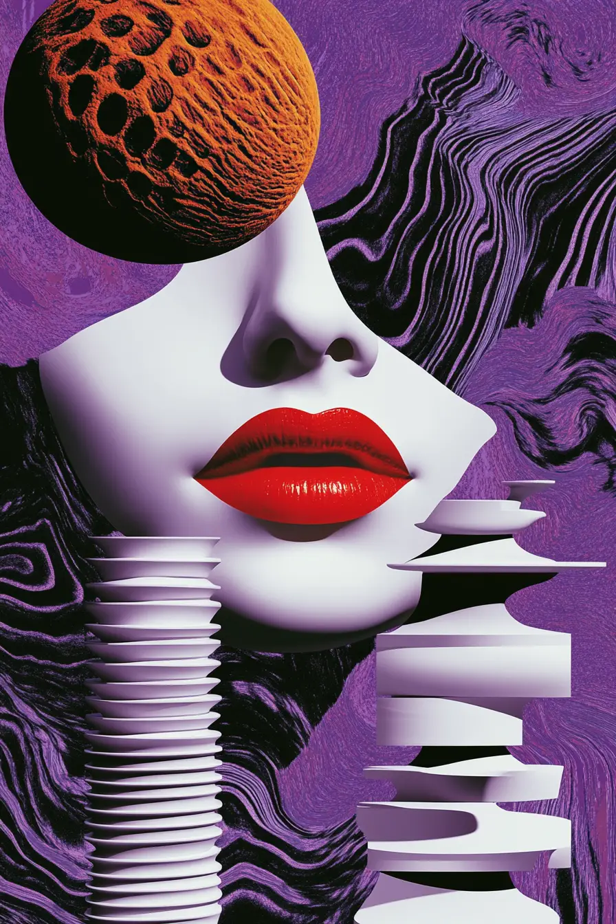 Abstract digital head with red lips and geometric shapes