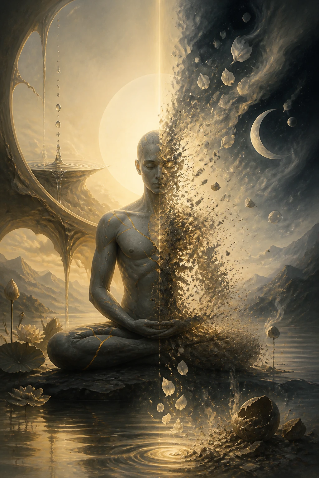 Corpo spirituale astratto che si dissolve in uno spazio vuoto e calmo