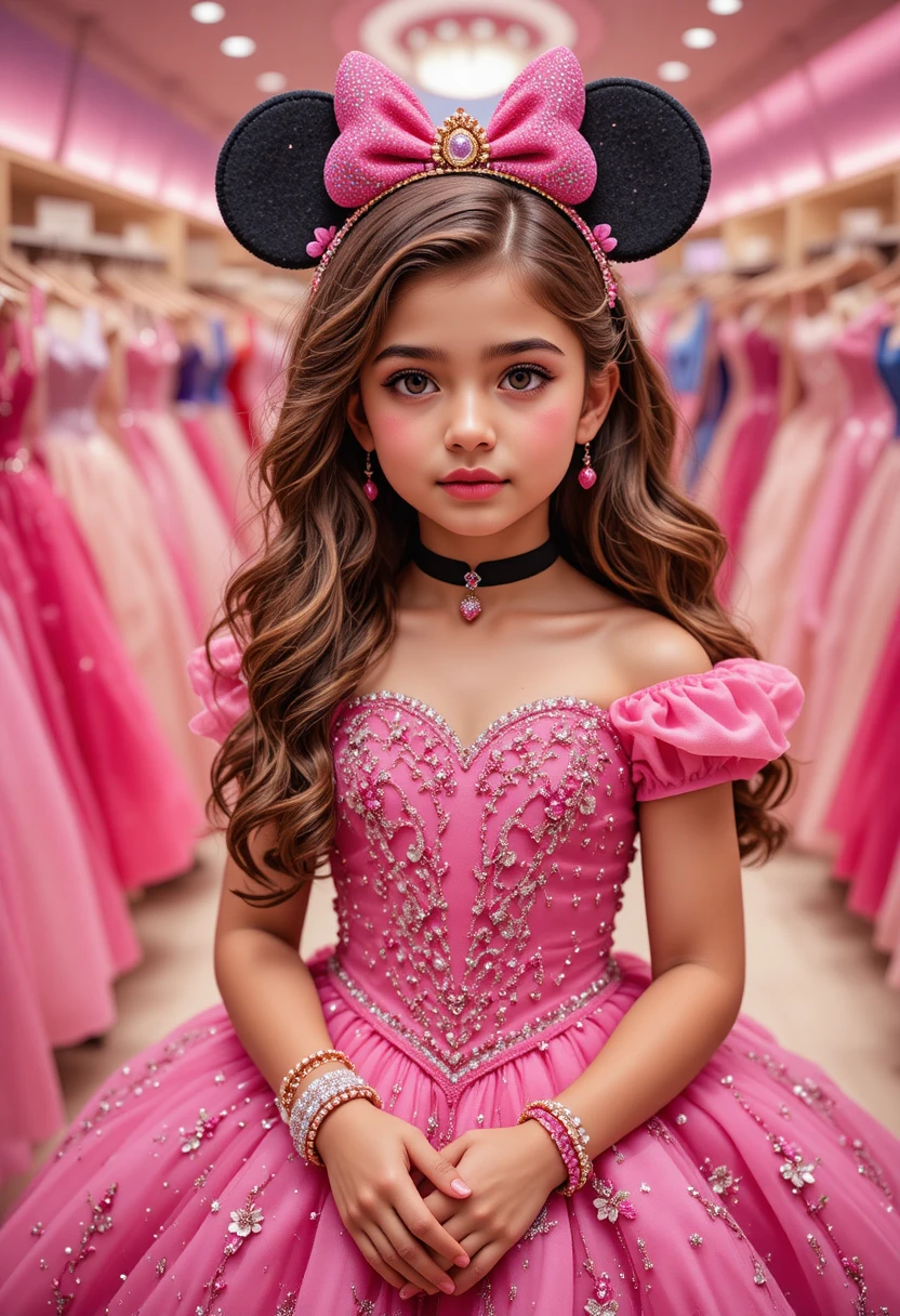 Nervous young girl in pink Minnie dress in boutique
