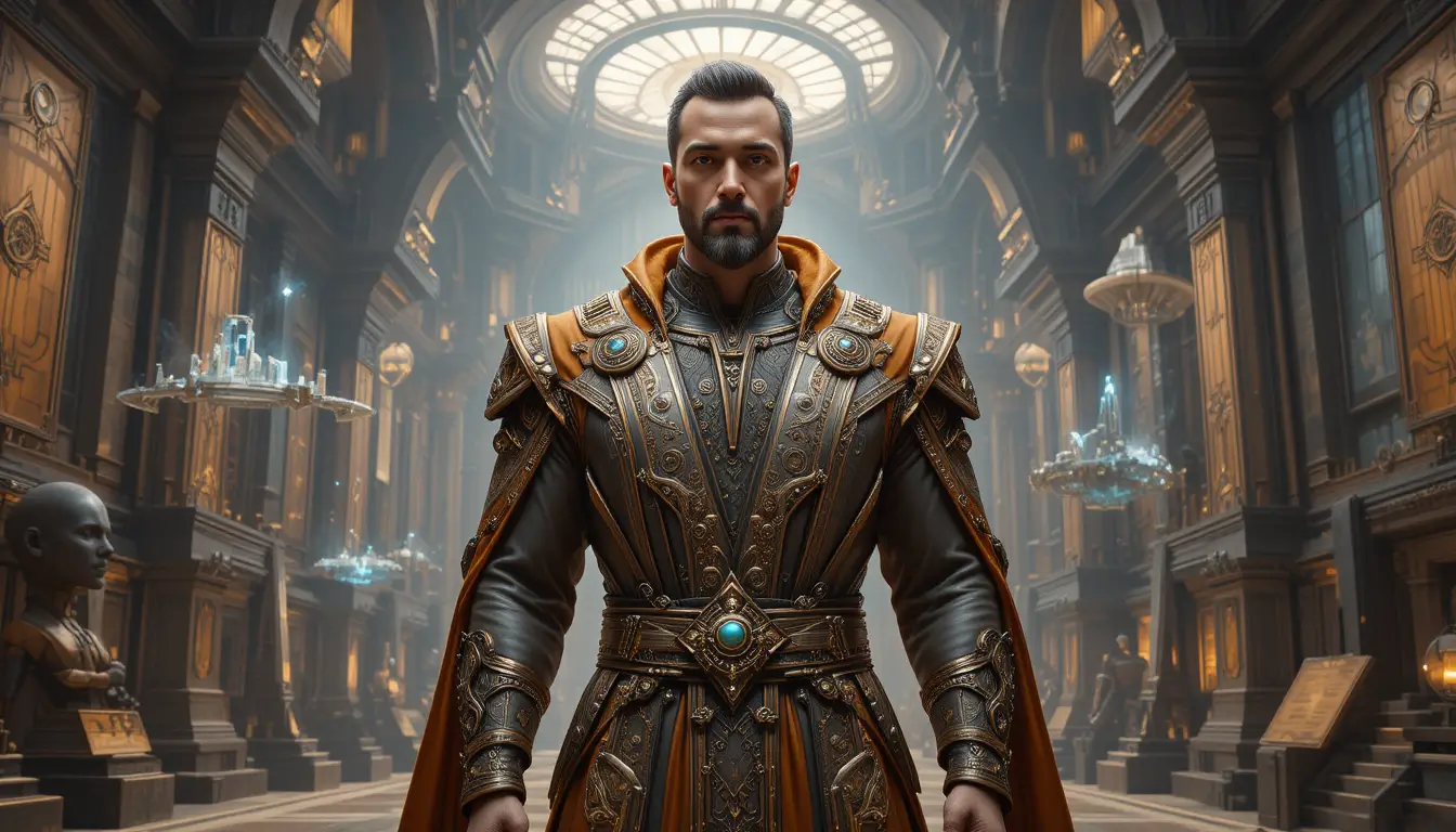Scholarly architect standing in a monumental futuristic hall