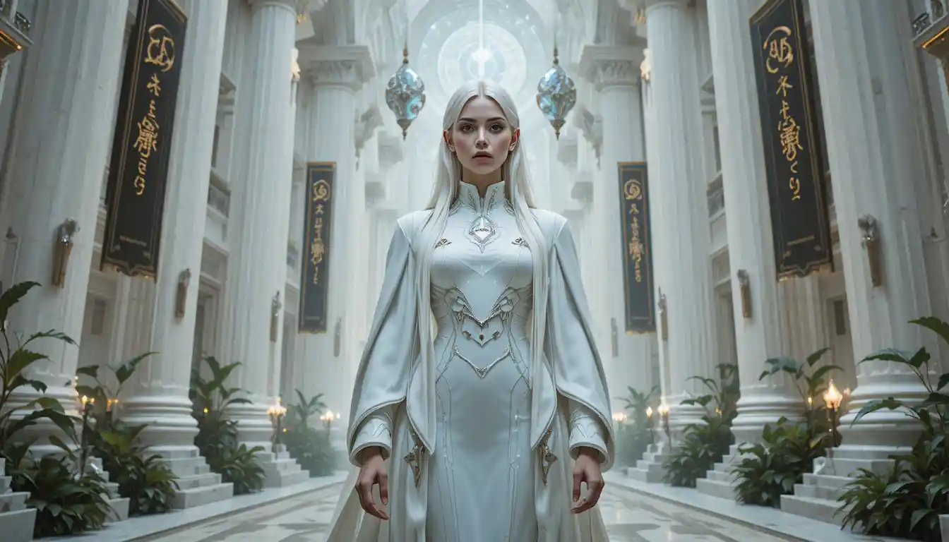 Sci fi philosopher woman in luminous biomechanical temple