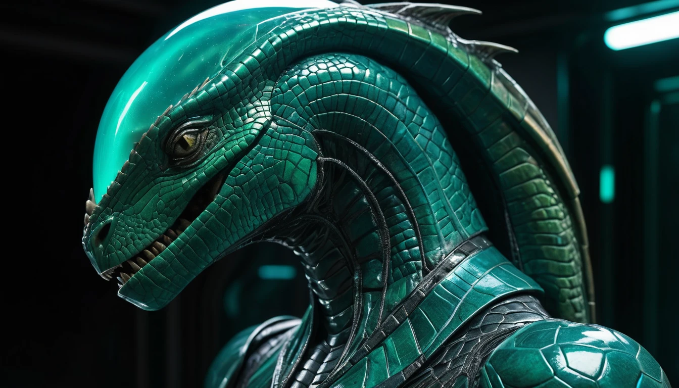 Nave espacial reptiliana biotecnológica de látex verde brilhante no espaço