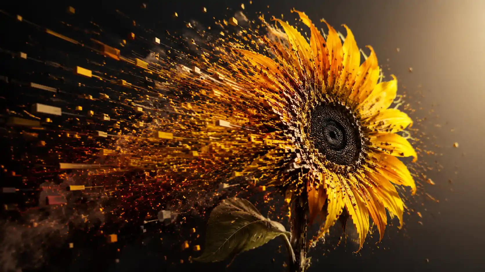 Sunflower Exploding Into Voxel Fragments In Dramatic Light
