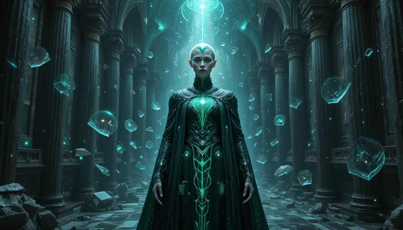 Emerald eyed philosopher in a celestial academic sanctum