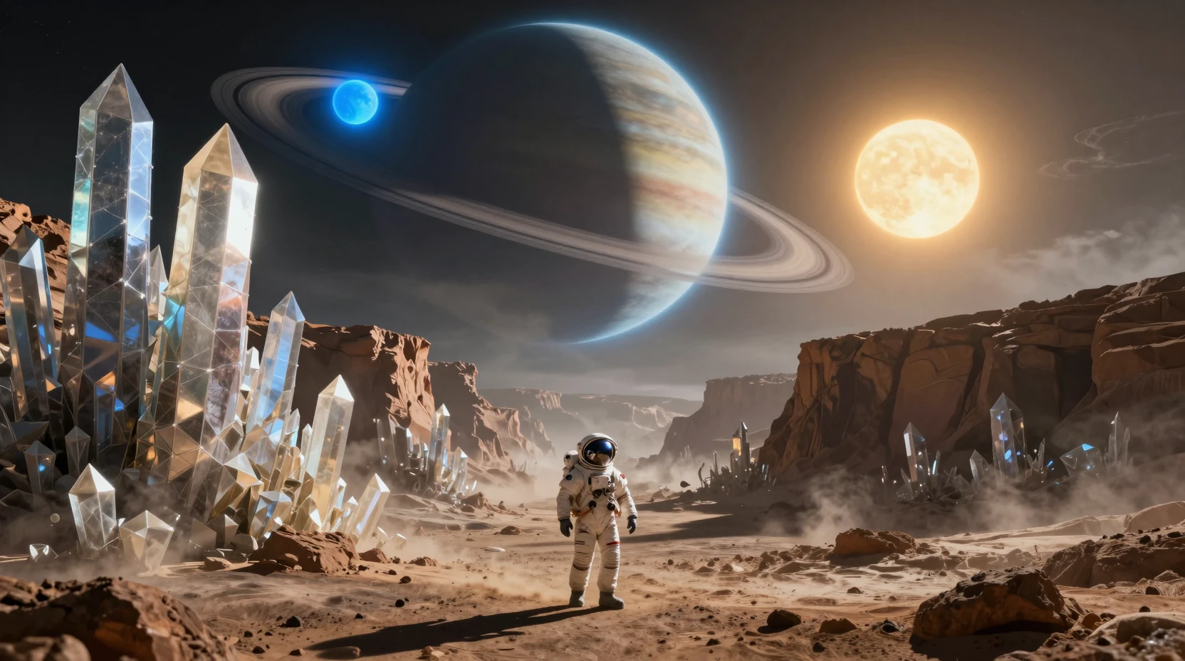 Astronauta solitario in un canyon di cristallo su un lontano mondo alieno