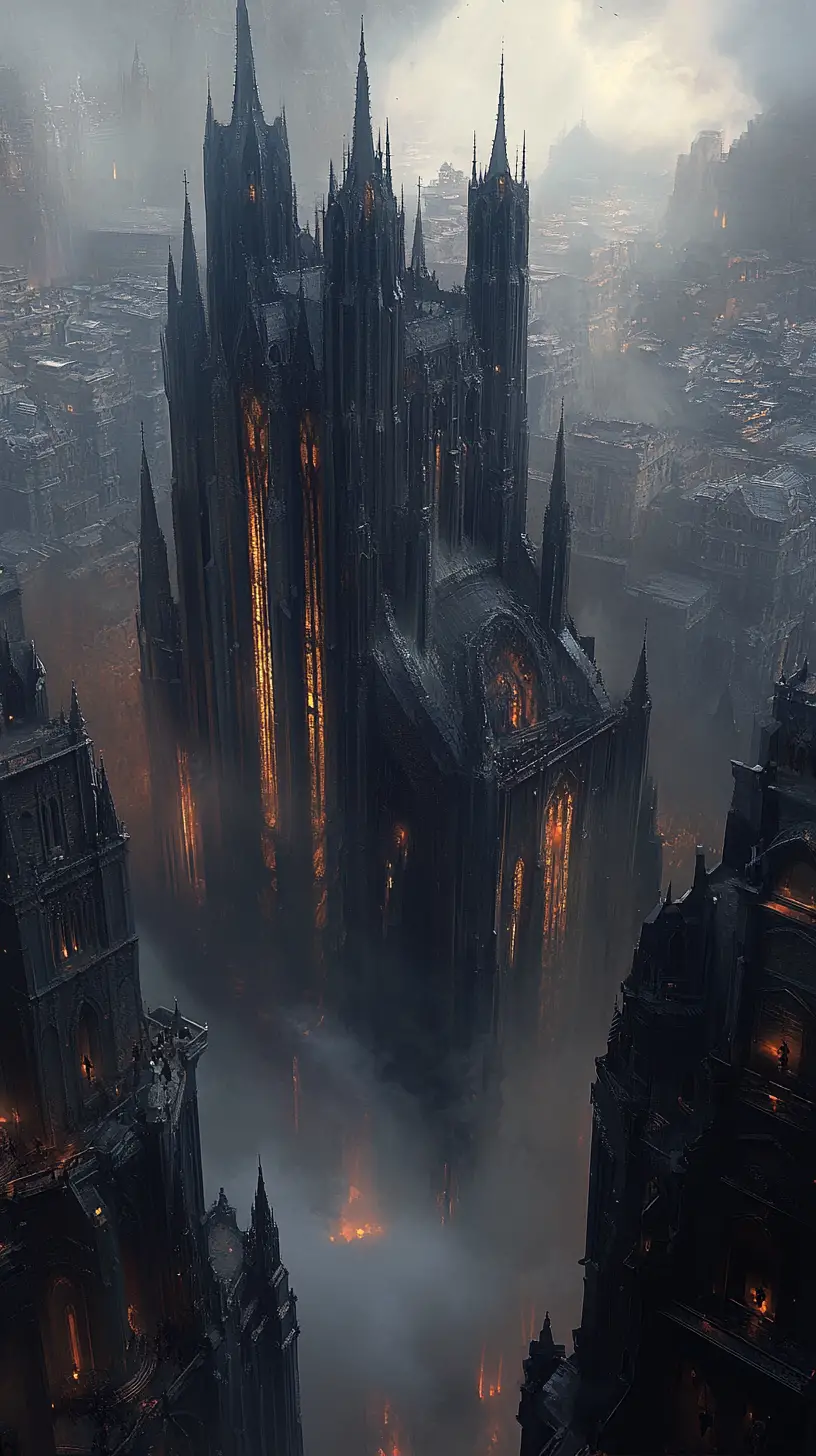 Towering gothic structure looming over tiny human figures