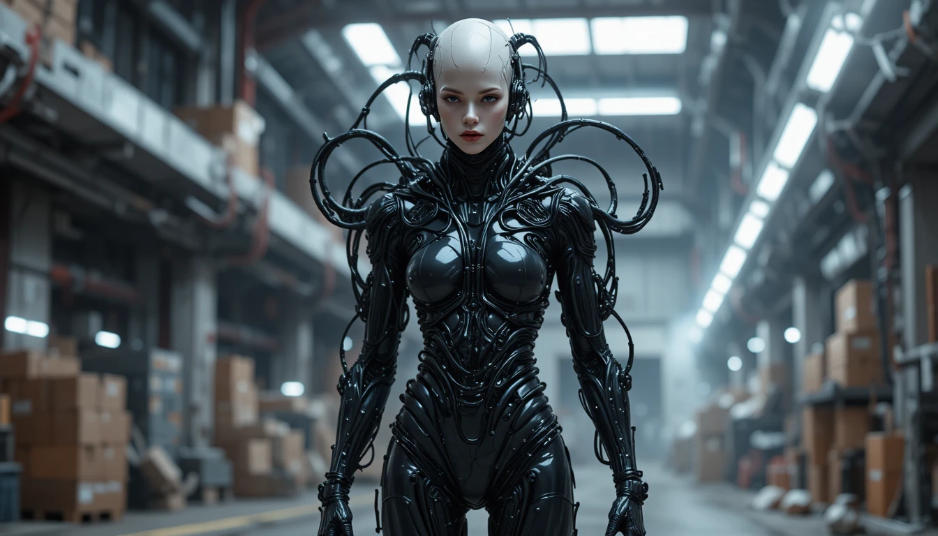 Humanoïde sci‑fi corps entier fait de tubes vivants en combinaison latex
