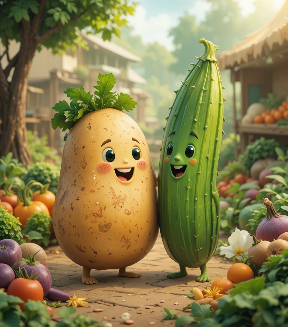 Romantic potato and okra together on a simple background