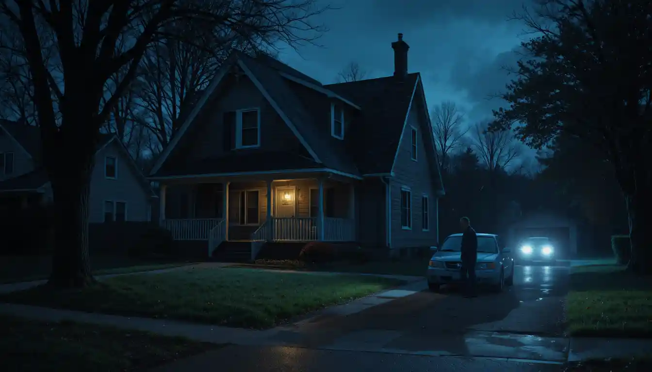 Dark suburban house with porch light and looming figure