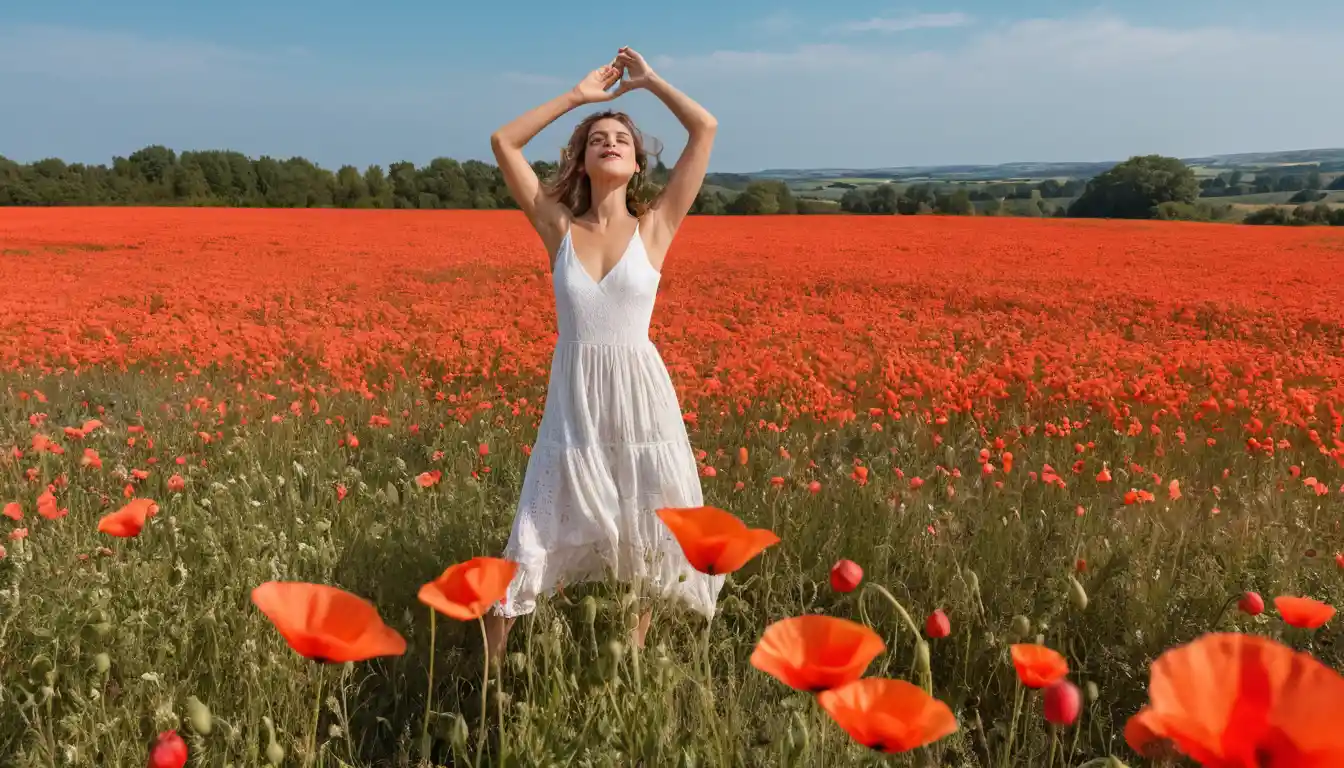 Donna formosa che vola sopra un campo neon di papaveri e fiori selvatici