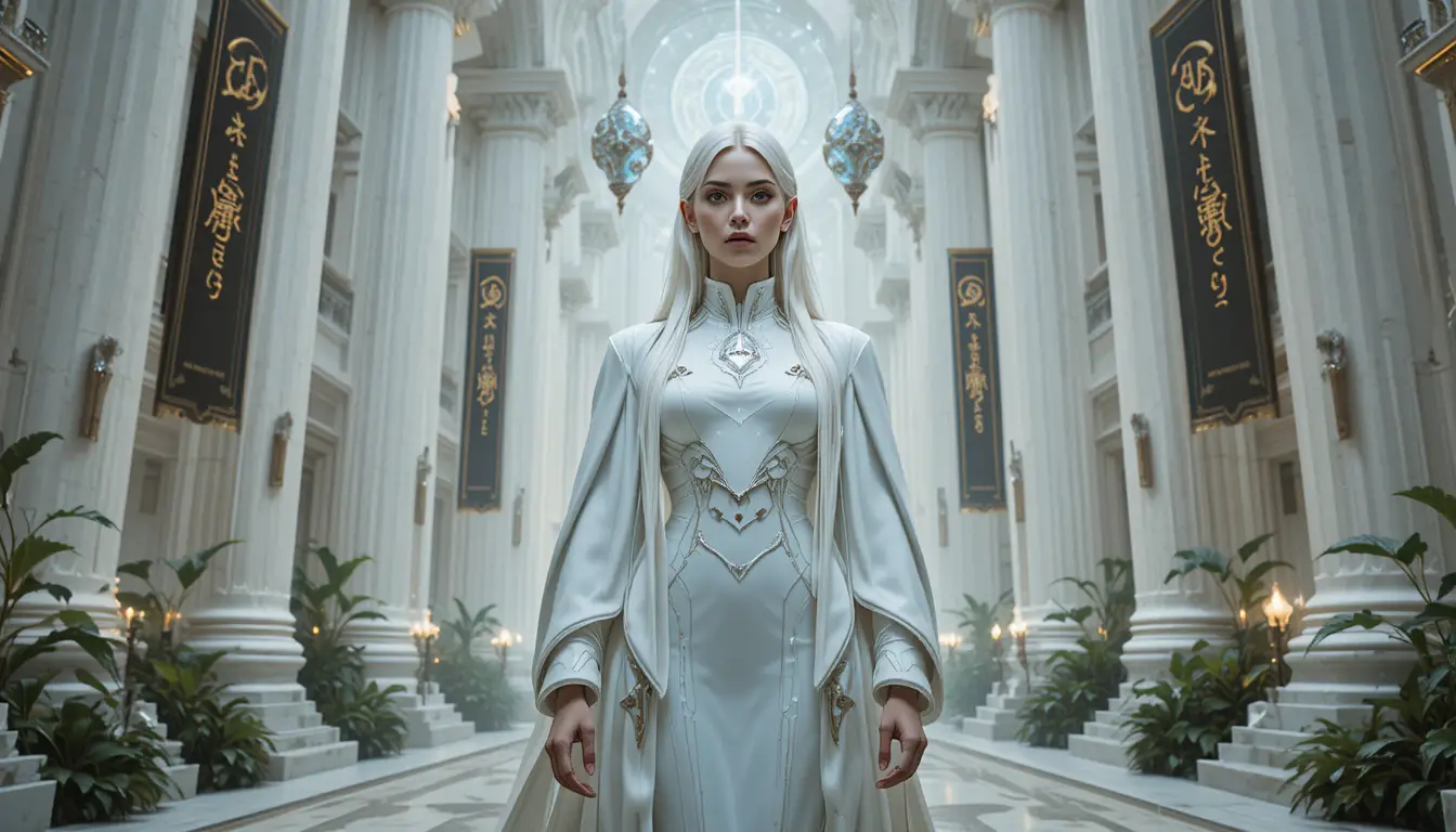 Sci fi philosopher woman in luminous biomechanical temple