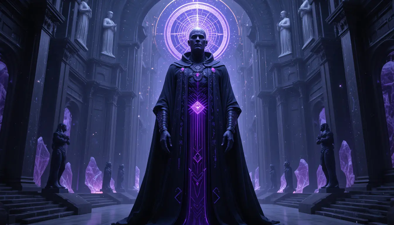 Regal philosopher in a violet cosmic sanctuary