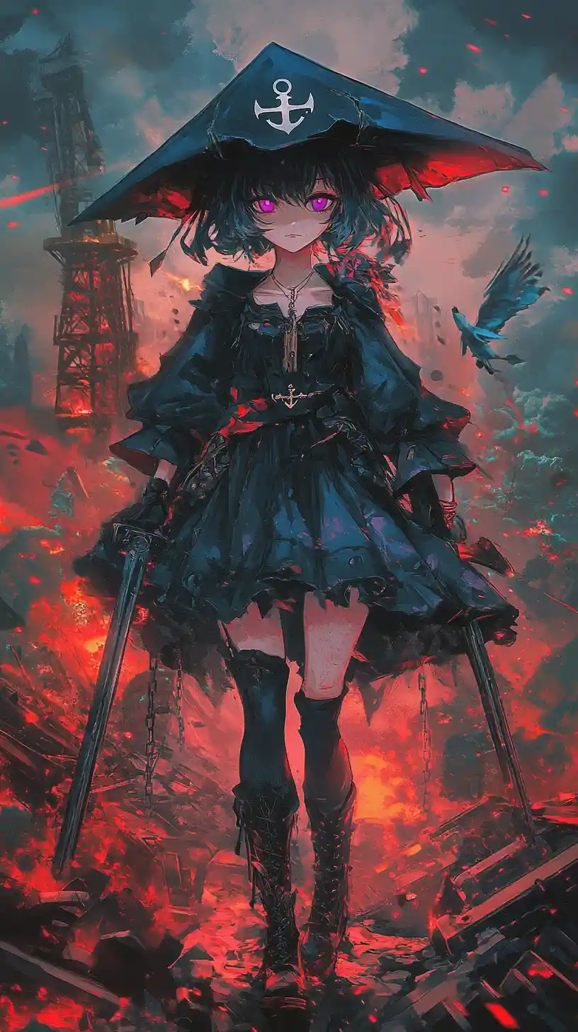 Guerriera anime con spada e fucile tra le rovine