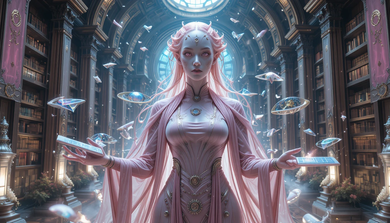 Respeitado erudito alienígena em um grande arquivo futurista luminoso