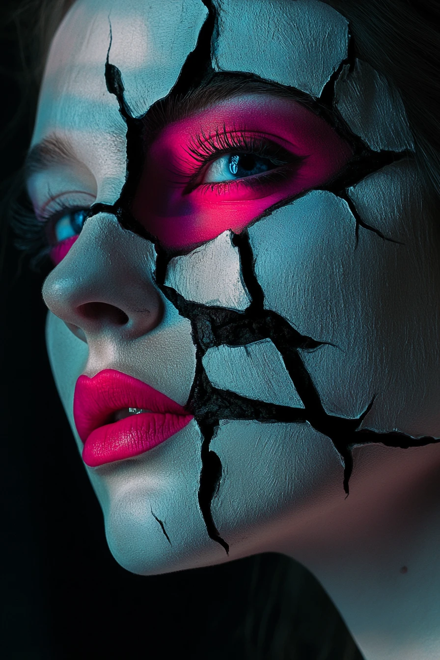 Surrealistisches Porträt einer Frau mit rissigem Porzellan-Make-up