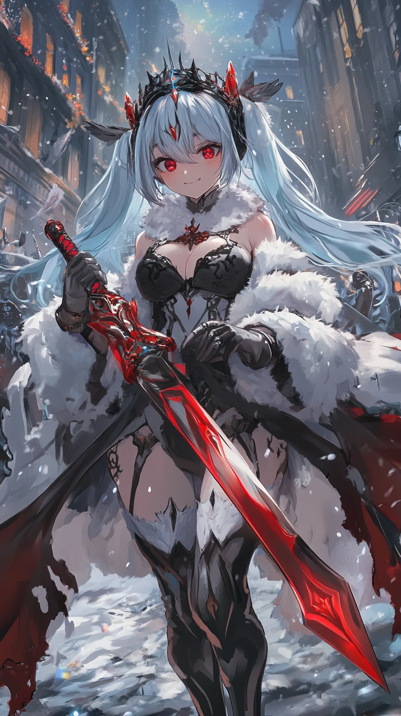 Garota de anime com katana enfrentando fantoches fantasmagóricos no mercado
