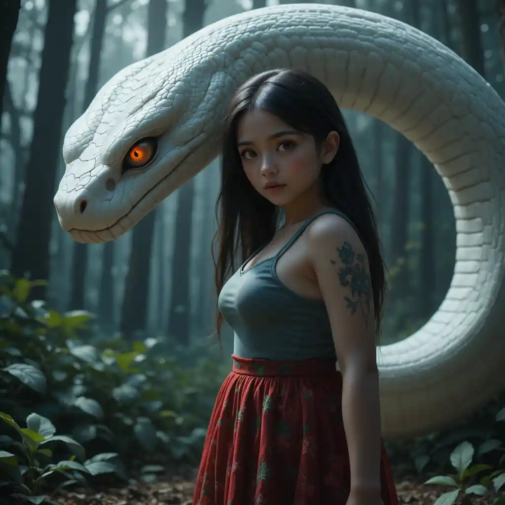 Young girl guarded by white snake in dark forest
