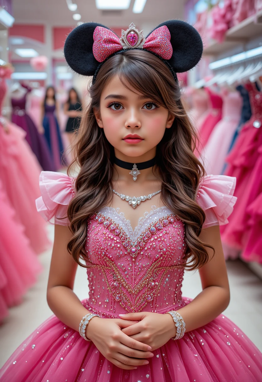 Jovem princesa nervosa em um vestido rosa da Minnie Mouse