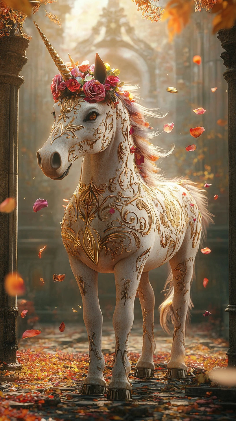 Unicorno dorato con rose tra antiche rovine di pietra